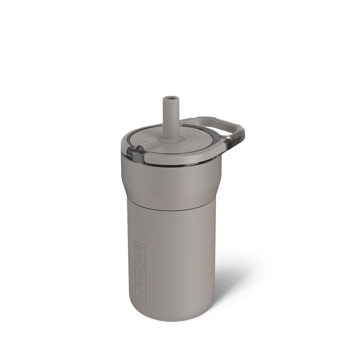 Gray tumbler with straw lid on a white background