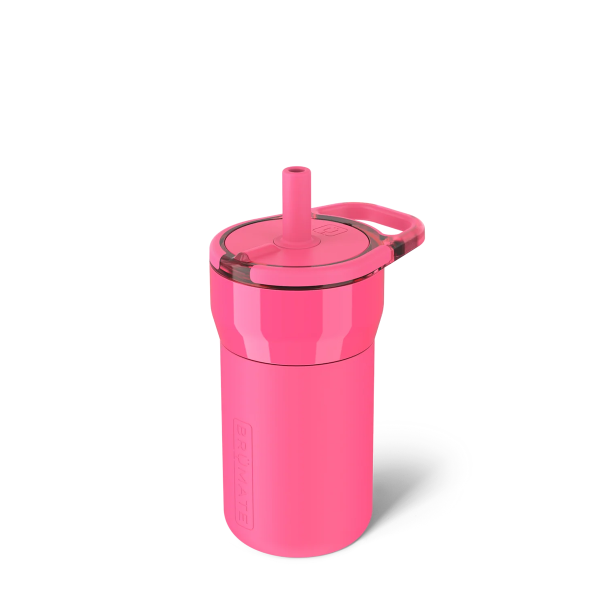 Pink sippy cup with a straw on a white background