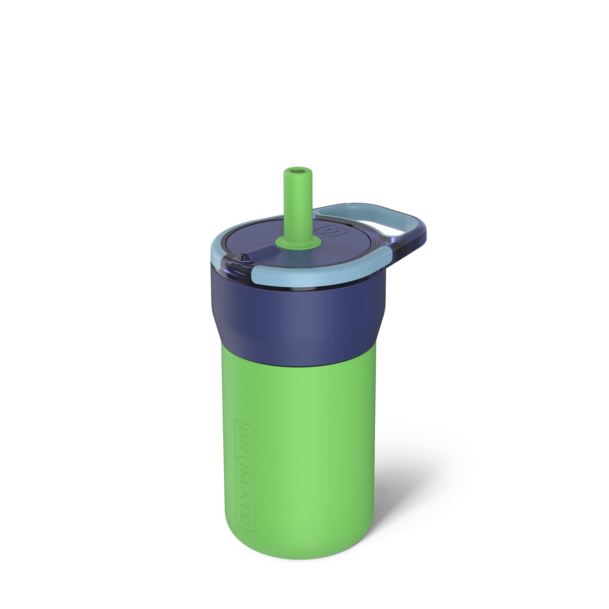 Green tumbler with a blue lid and straw on a white background