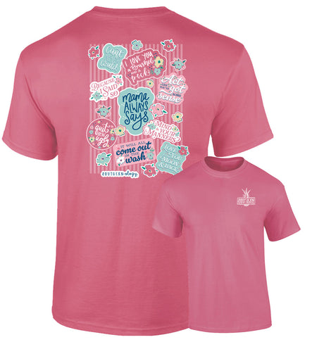 Pink t-shirt with colorful graphics and text on a white background