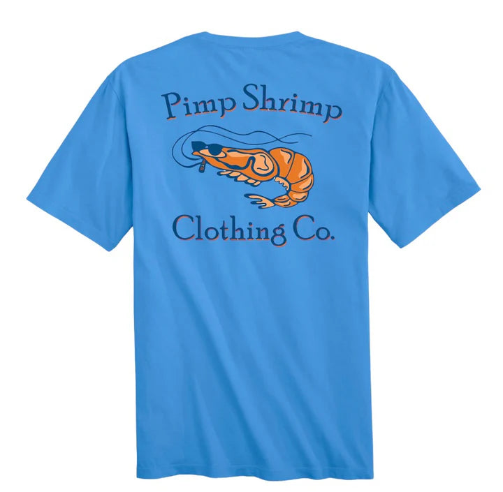 Blue t-shirt with 'Pimp Shrimp Clothing Co.' logo on the back