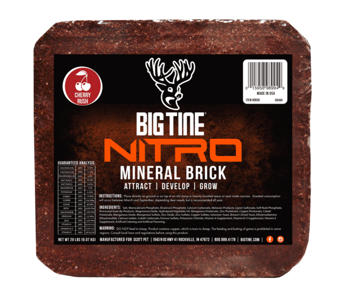 Bigtime Nitro Mineral Brick packaging with deer logo and cherry flavor indicator on a transparent background