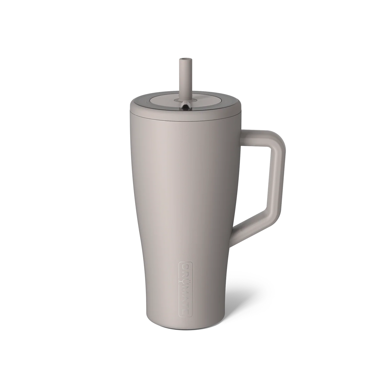 Beige mug with handle and straw lid on a white background