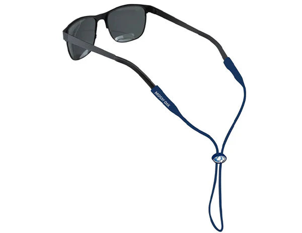 Sunglasses with a blue strap on a white background