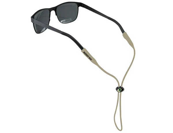 Sunglasses with a beige cord on a white background