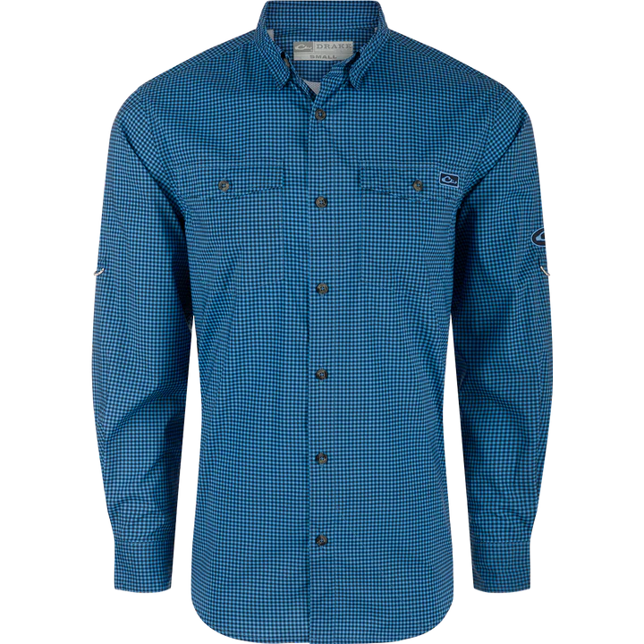 Blue checkered shirt with brand logo on a white background