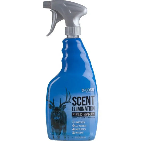 Blue spray bottle labeled 'Scent Elimination Field Spray' with a deer illustration on a white background
