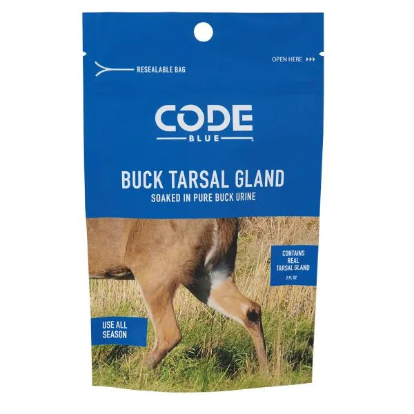 Package of Code Blue Buck Tarsal Gland with a deer image on a blue background