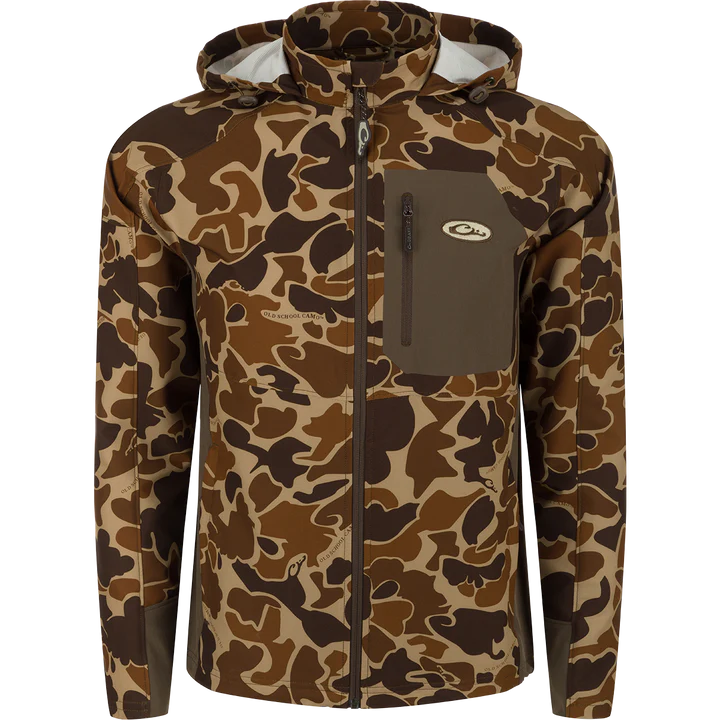 Camouflage jacket with a brand logo on a white background