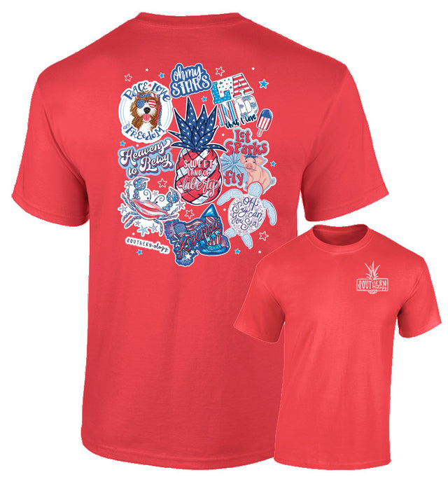 Red t-shirt with colorful graphic design on a white background