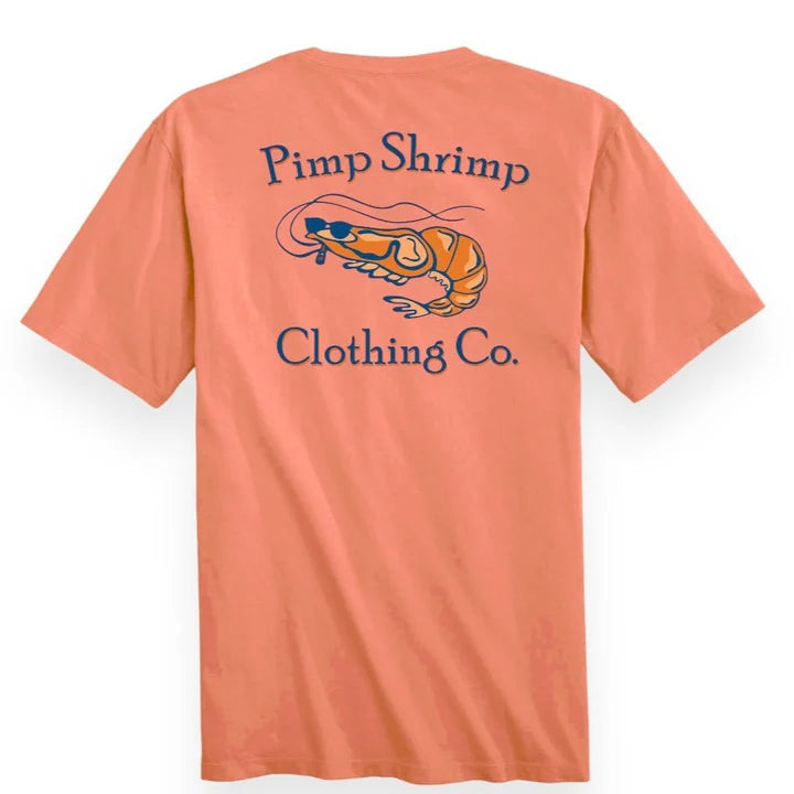 Coral t-shirt with 'Pimp Shrimp Clothing Co.' text and logo on a white background