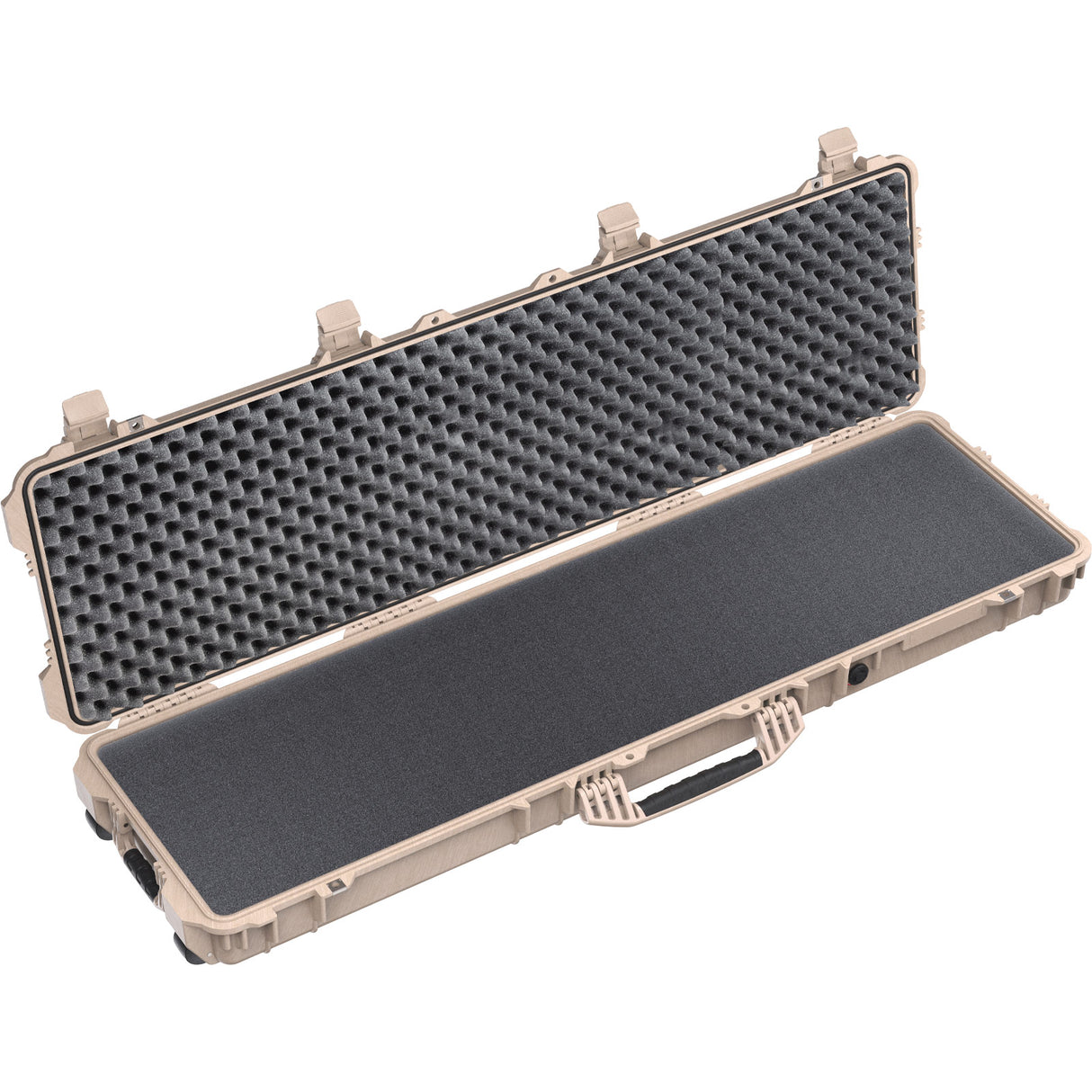 Long protective case with foam lining on a white background