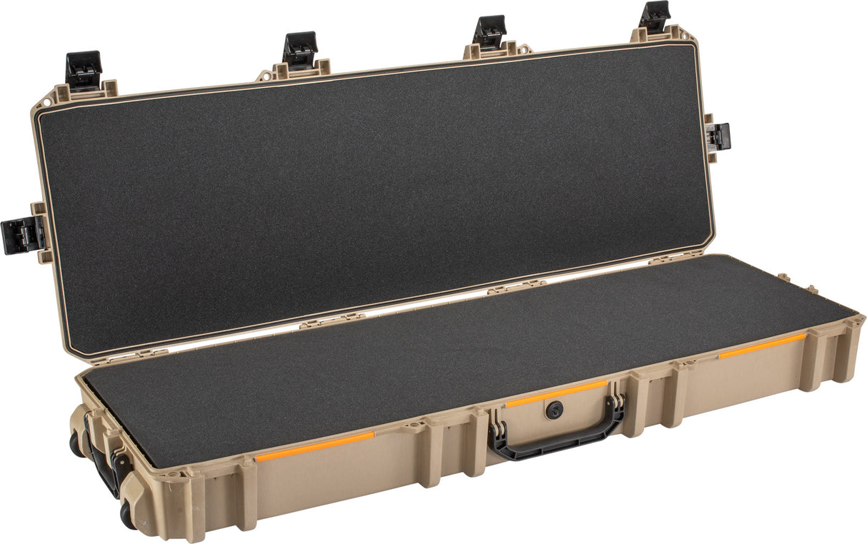 Long protective case with foam interior on a white background