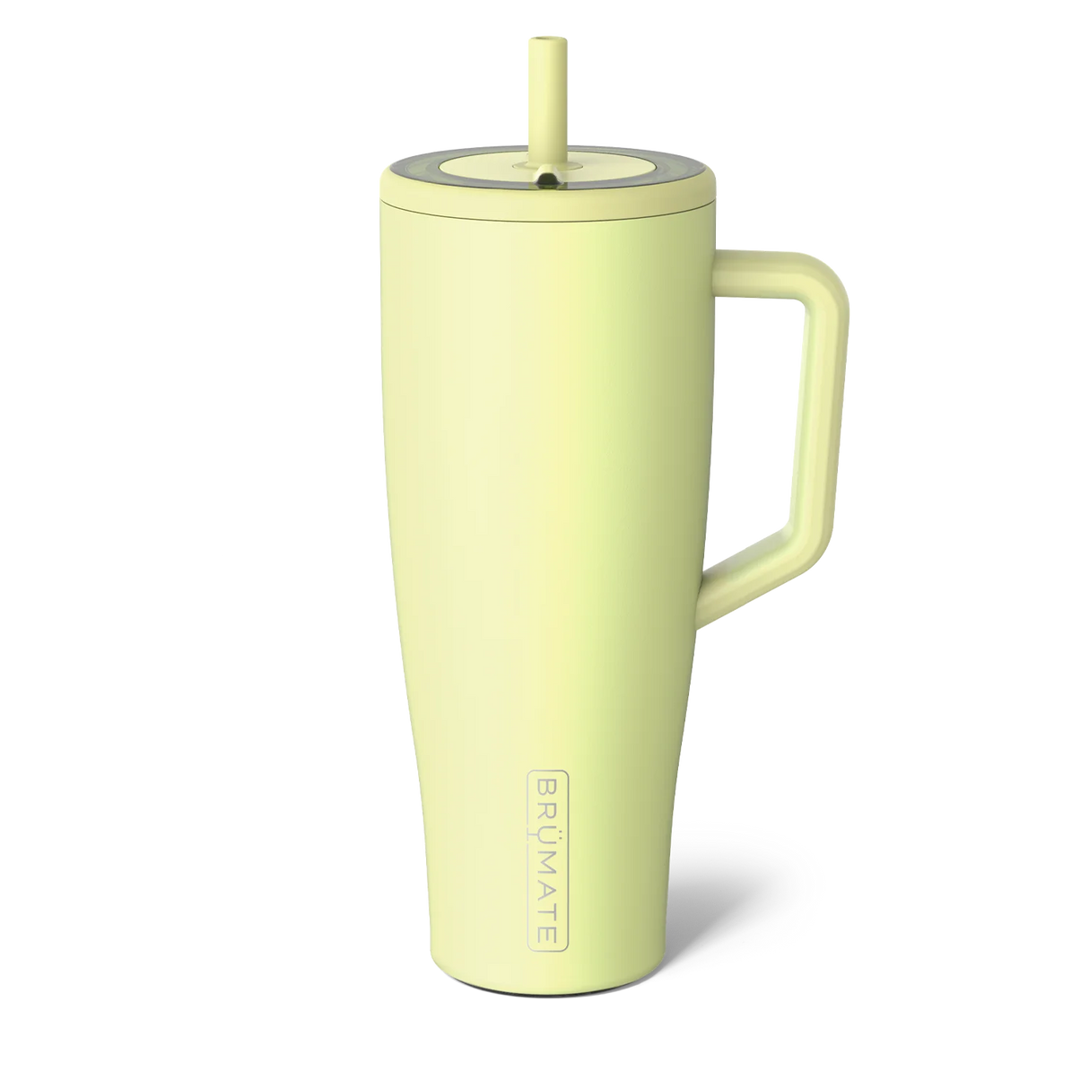 Light green insulated mug with handle and straw lid on a white background