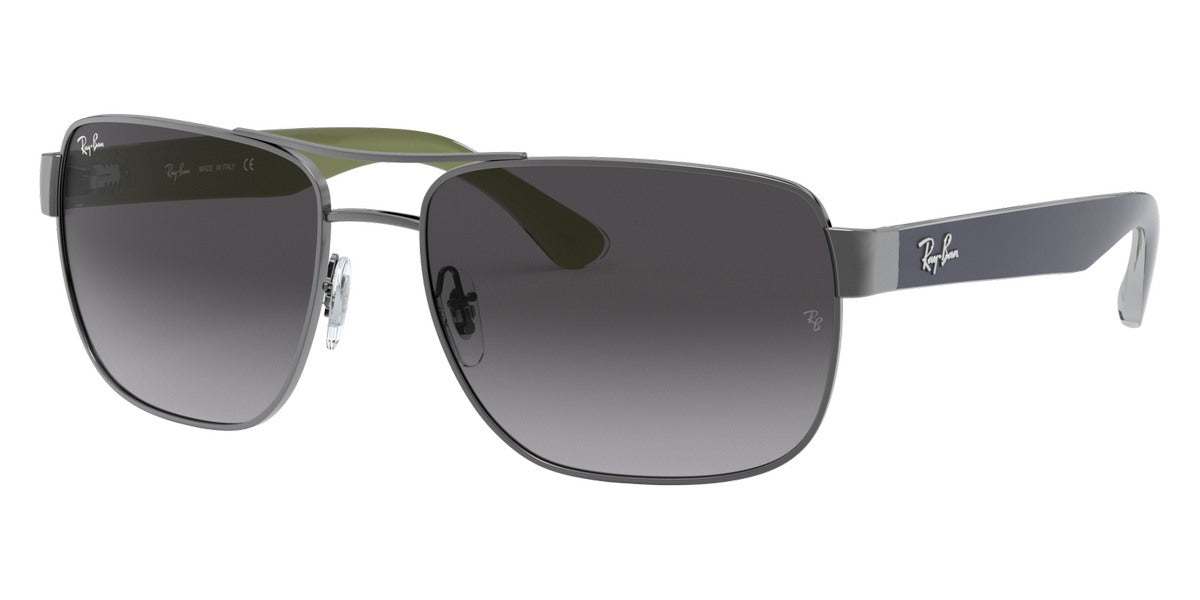 Ray-Ban sunglasses with gray gradient lenses and silver frame on a white background