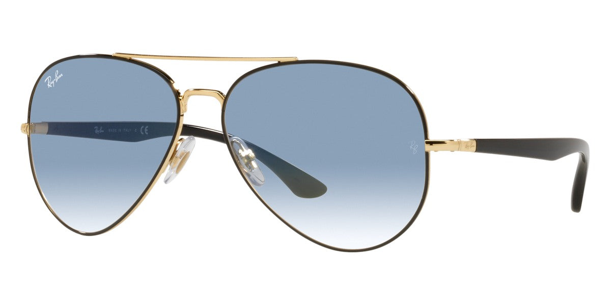 Aviator sunglasses with gold frame and blue gradient lenses on a white background
