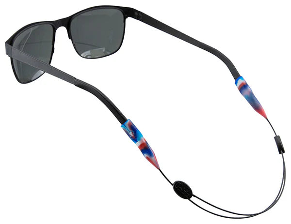 Sunglasses with a colorful strap on a white background