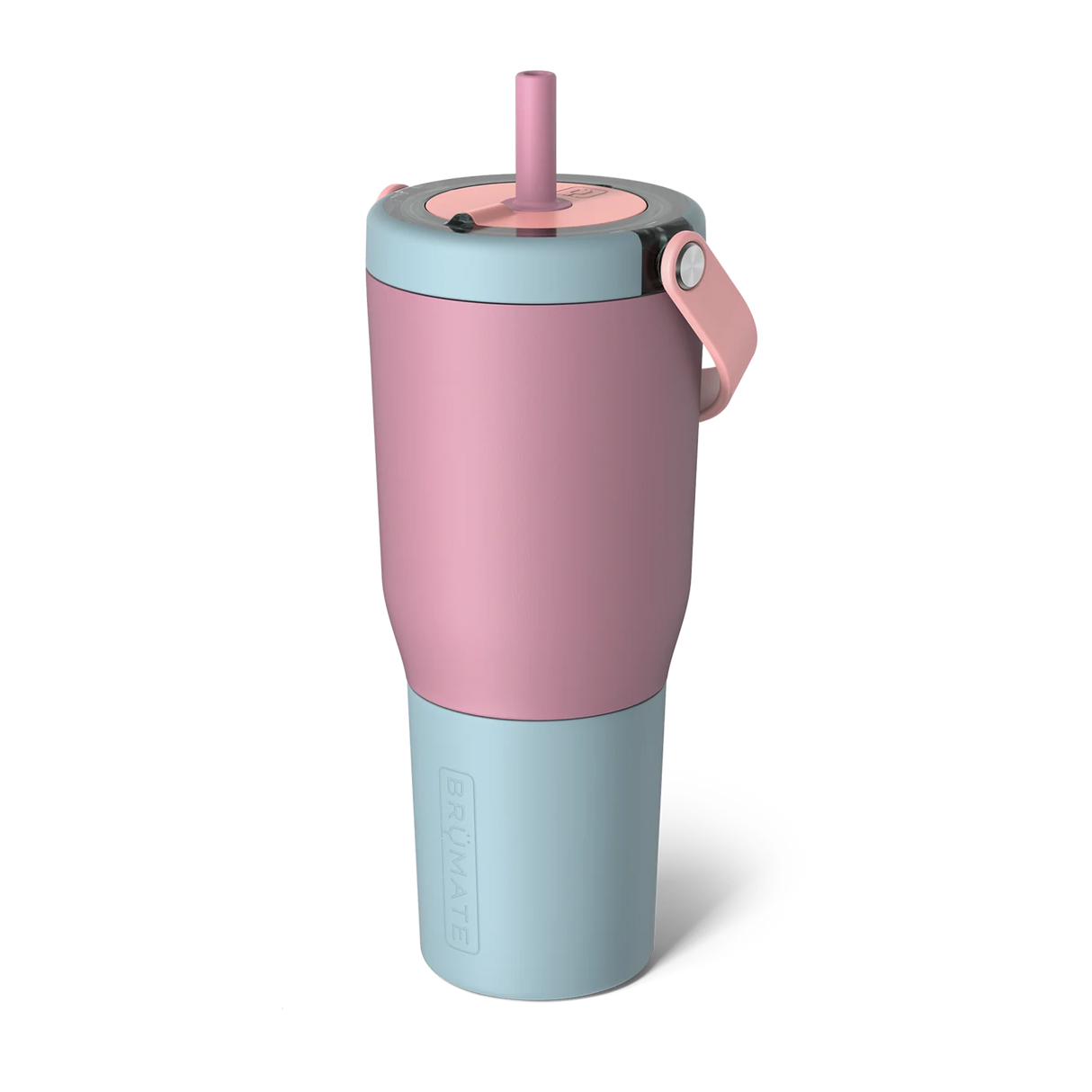 Pink and light blue tumbler with a straw on a white background