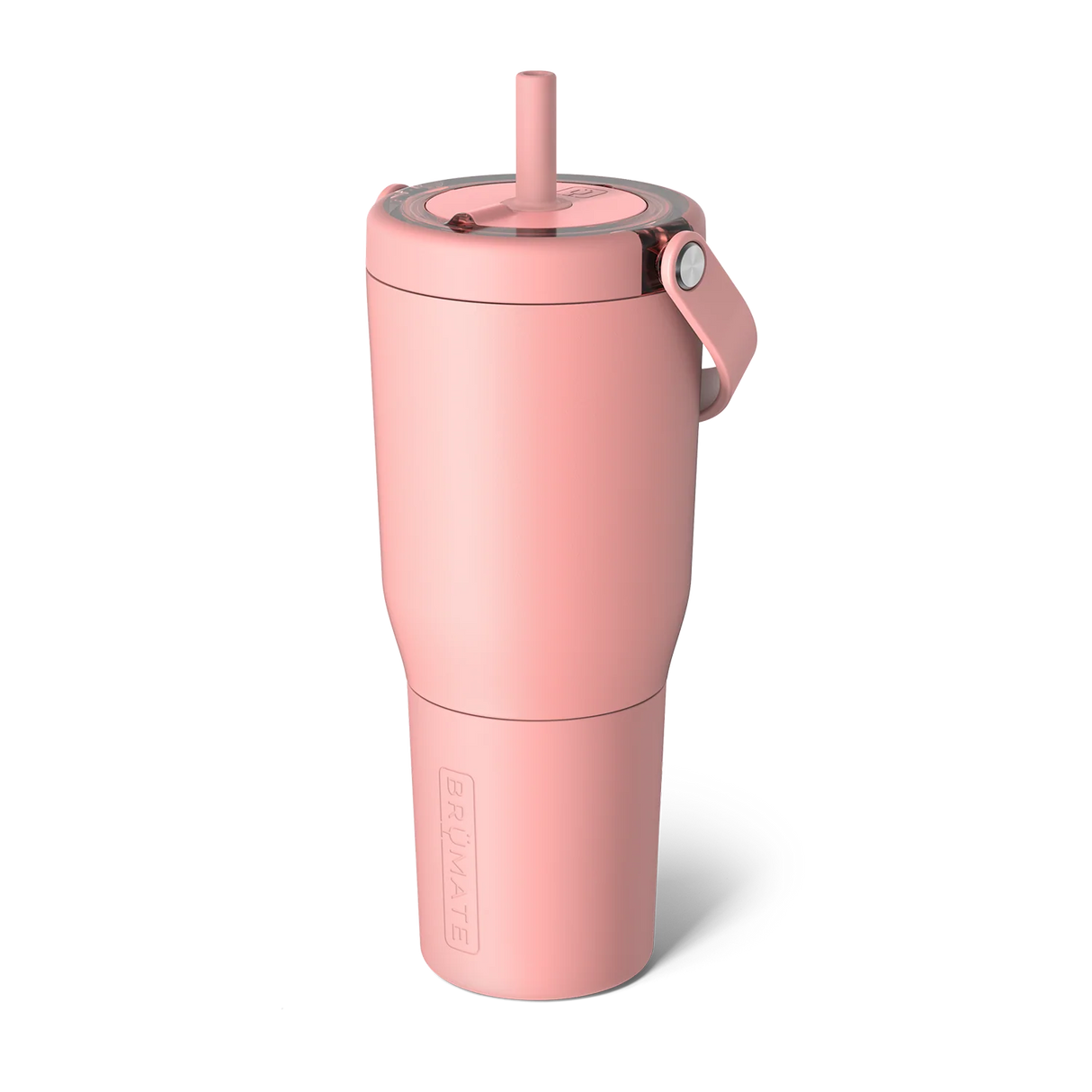 Pink tumbler with a straw on a white background
