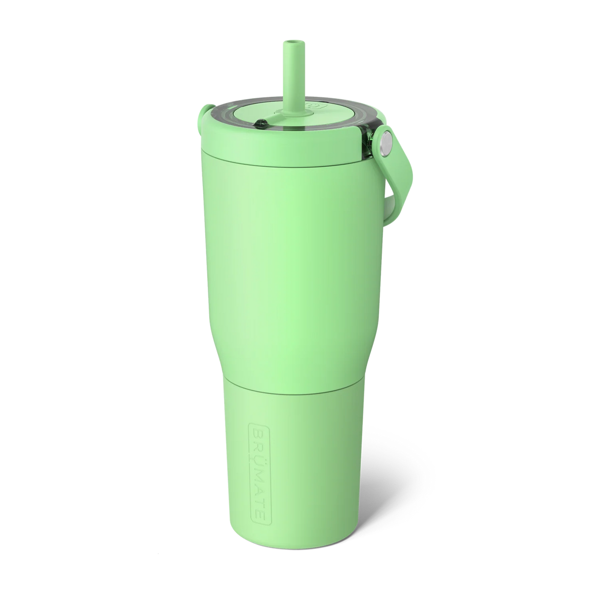 Green tumbler with a straw on a white background