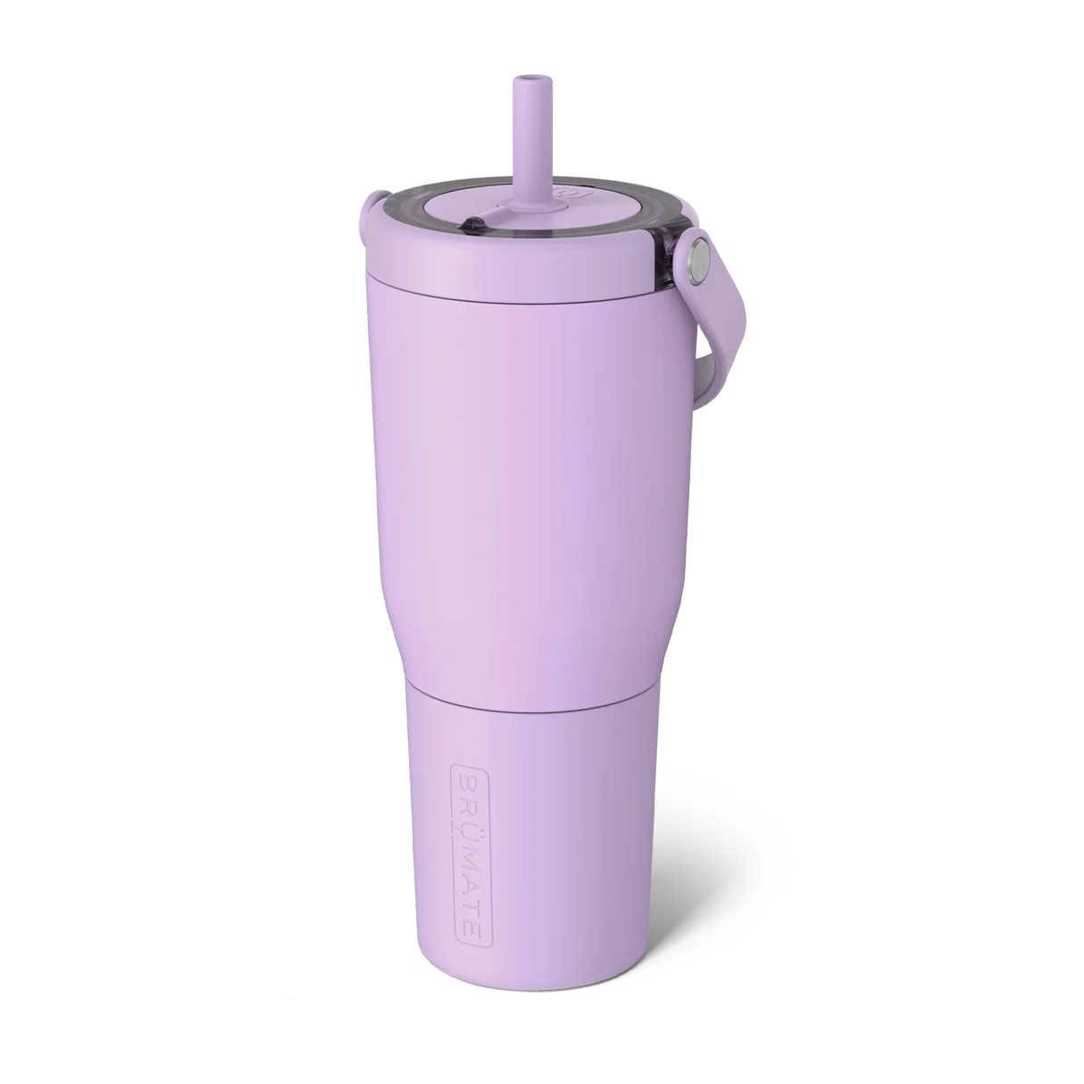 Purple tumbler with a straw on a white background