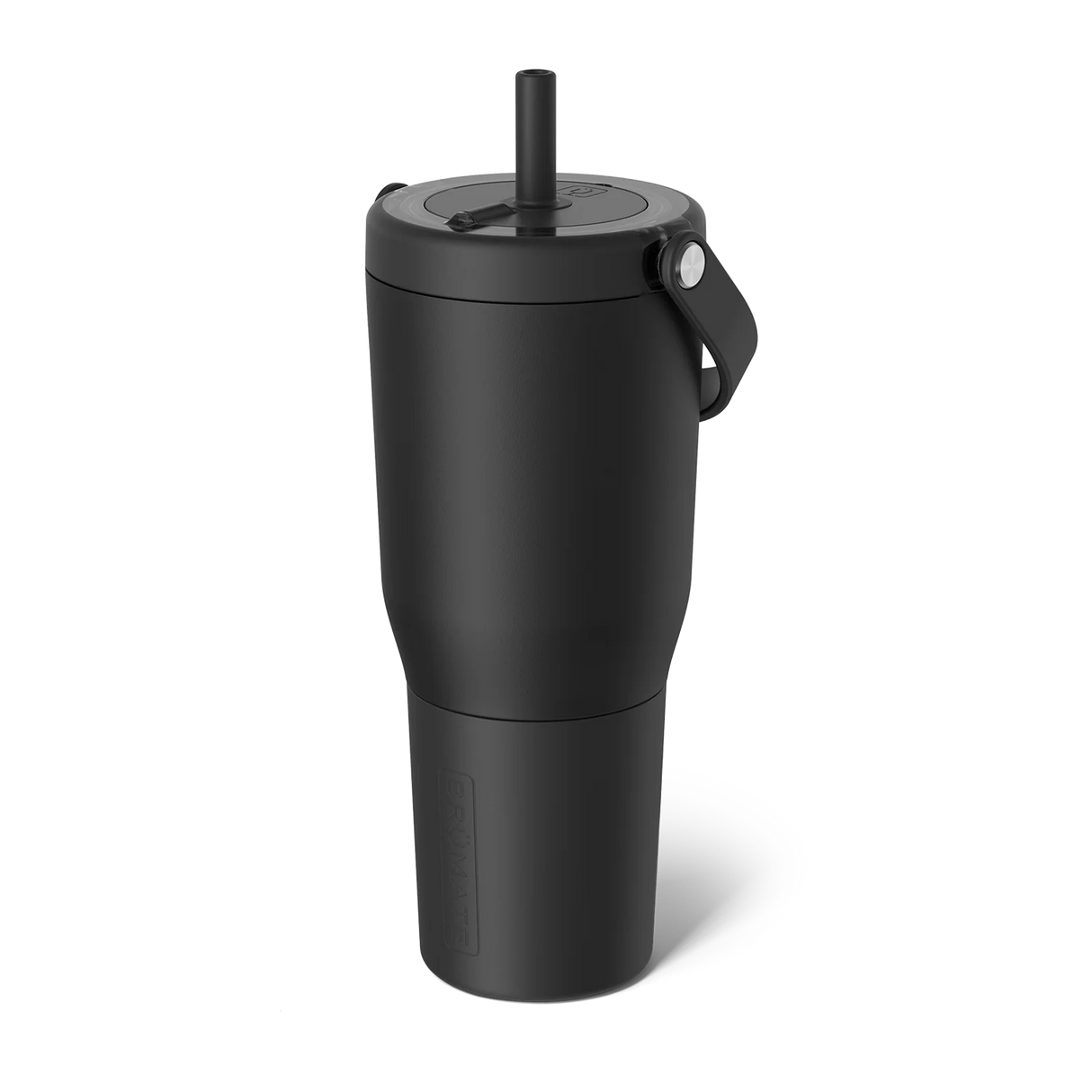 Black insulated tumbler with a straw on a white background