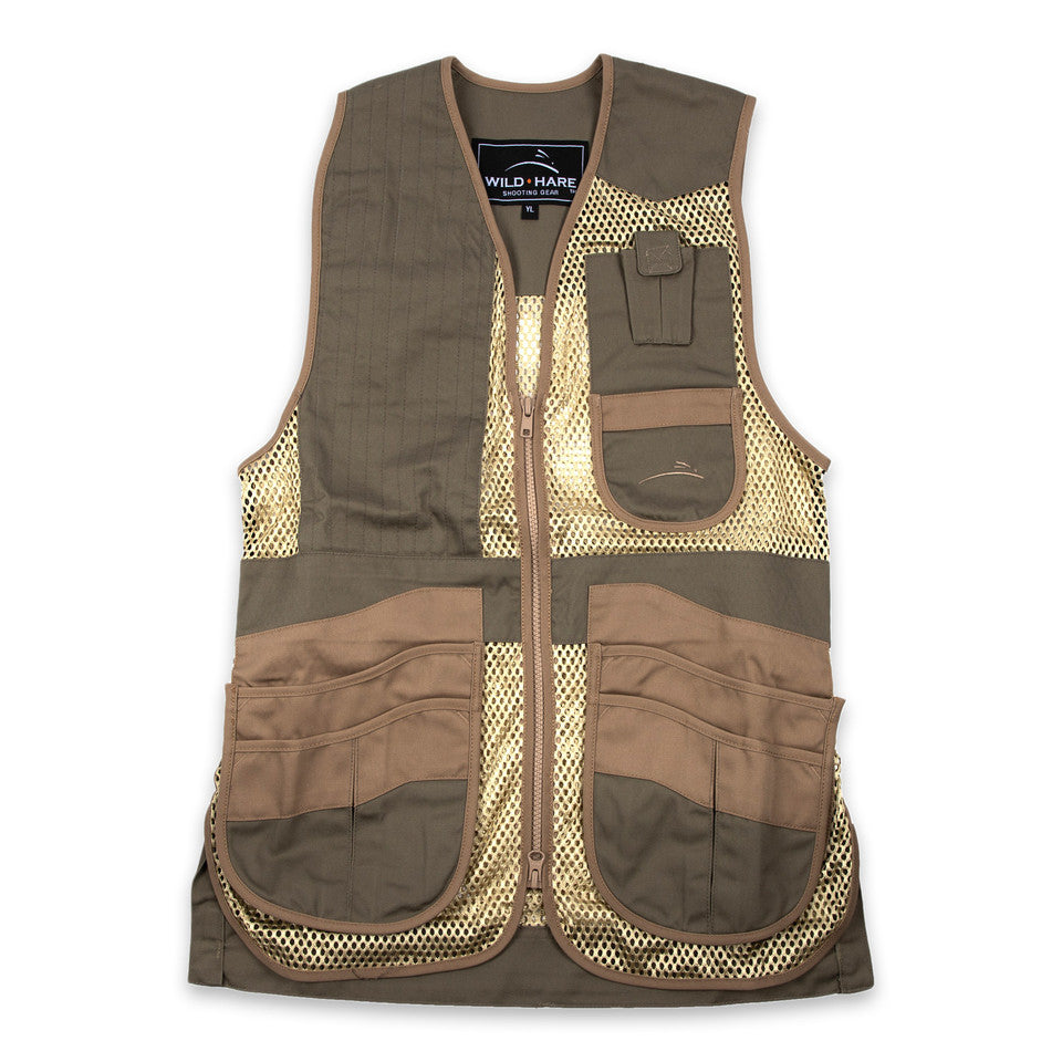 Brown hunting vest with mesh accents on a white background