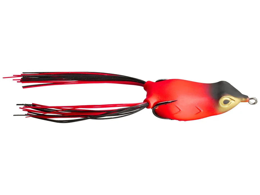 Red and black fishing lure on a white background