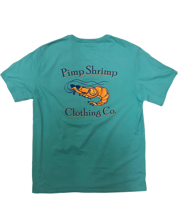 Teal t-shirt with 'Pimp Shrimp Clothing Co.' logo on the back against a white background