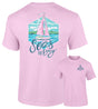 Pink t-shirt with sailboat graphic and 'Seas the Day' text on a white background