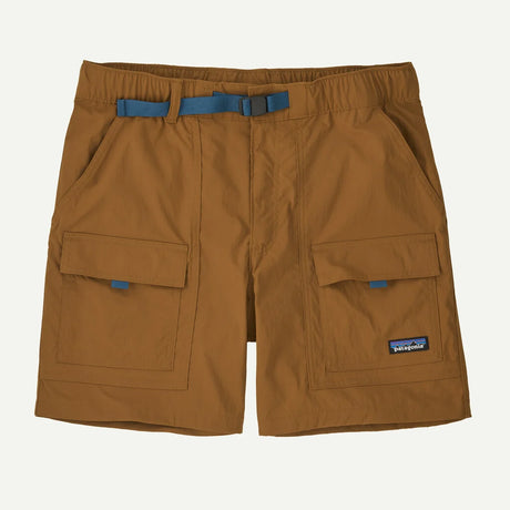 Brown shorts with blue accents and Patagonia logo on a white background