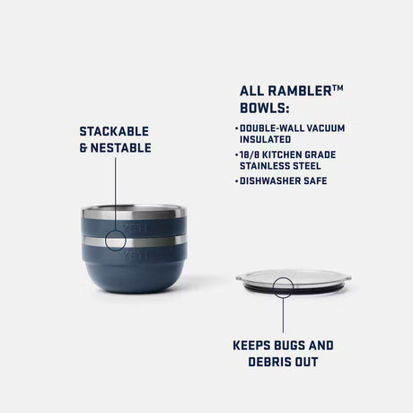 Blue insulated rambler bowl with features listed on a white background