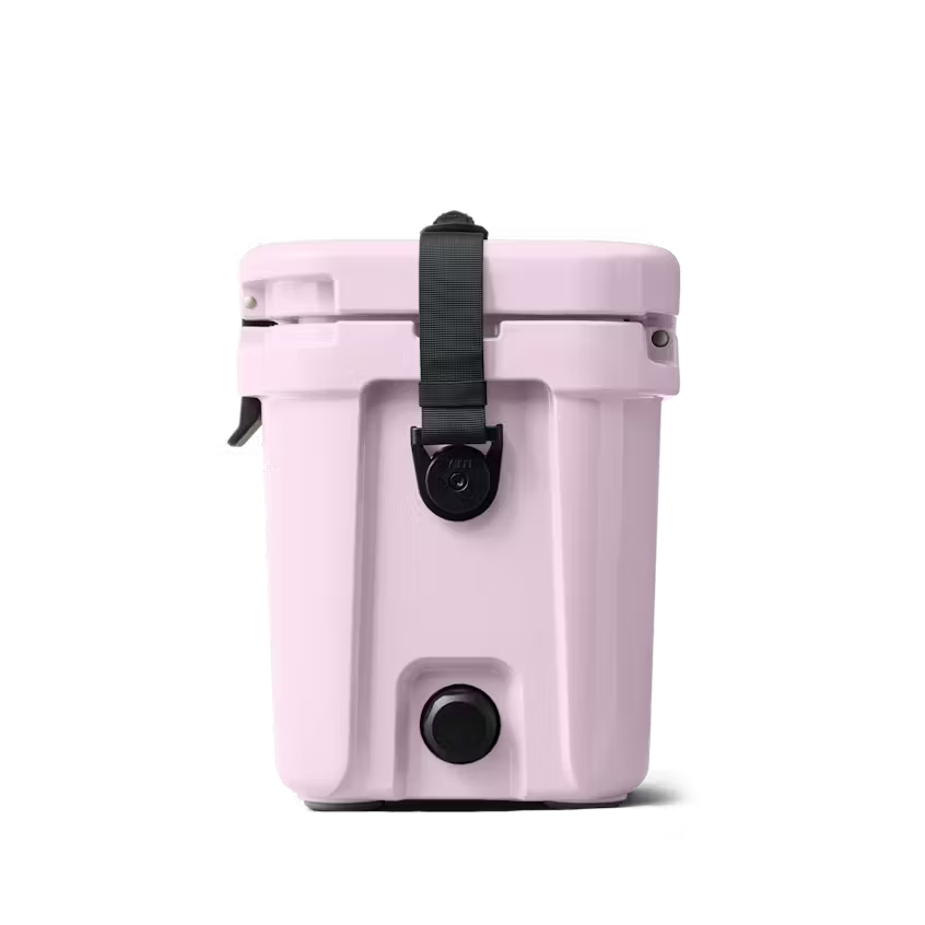 White cooler with black straps on a white background