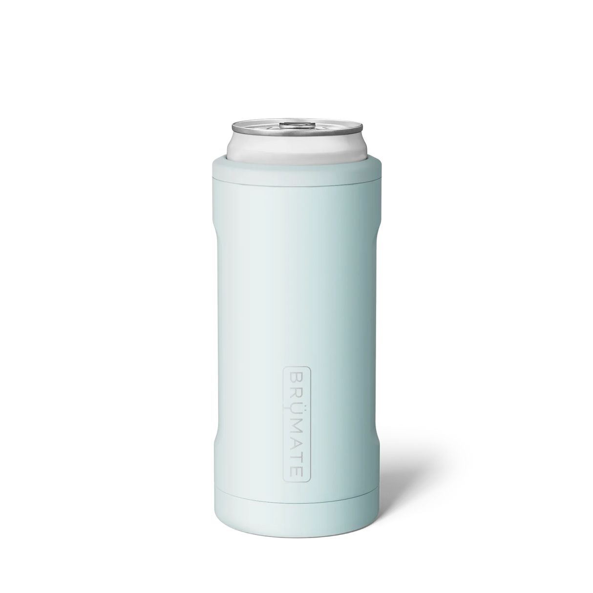 Light blue can cooler with white lid on a white background