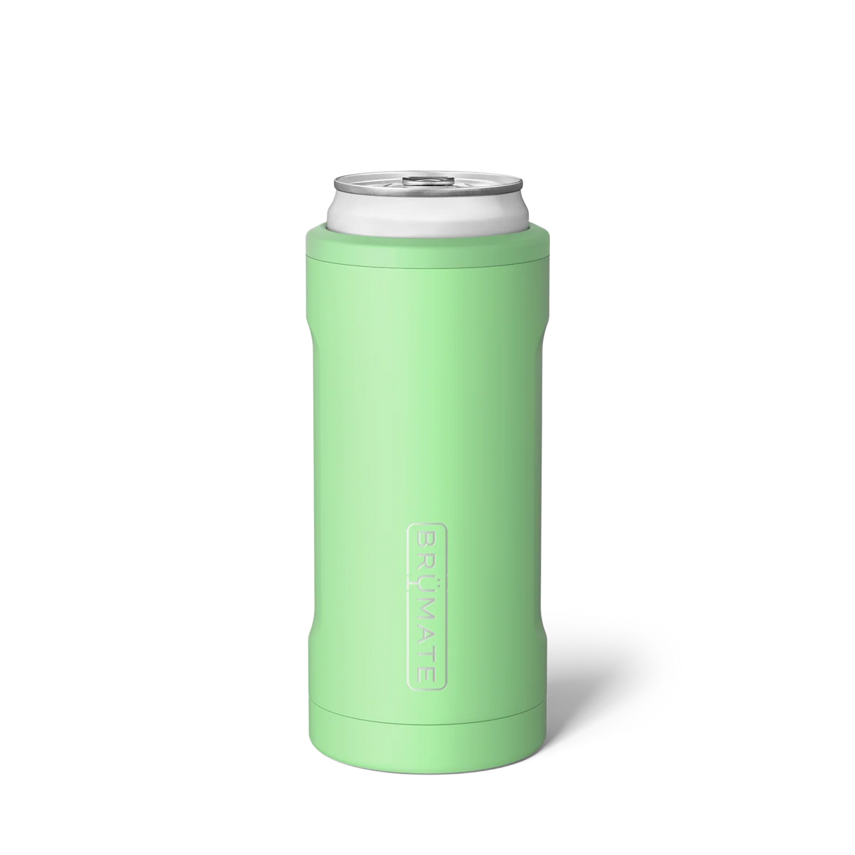 Green can cooler with white top on a white background