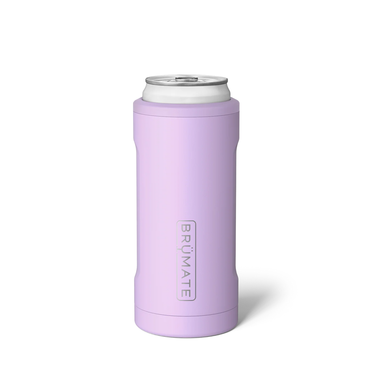 Purple can cooler with white top on a white background