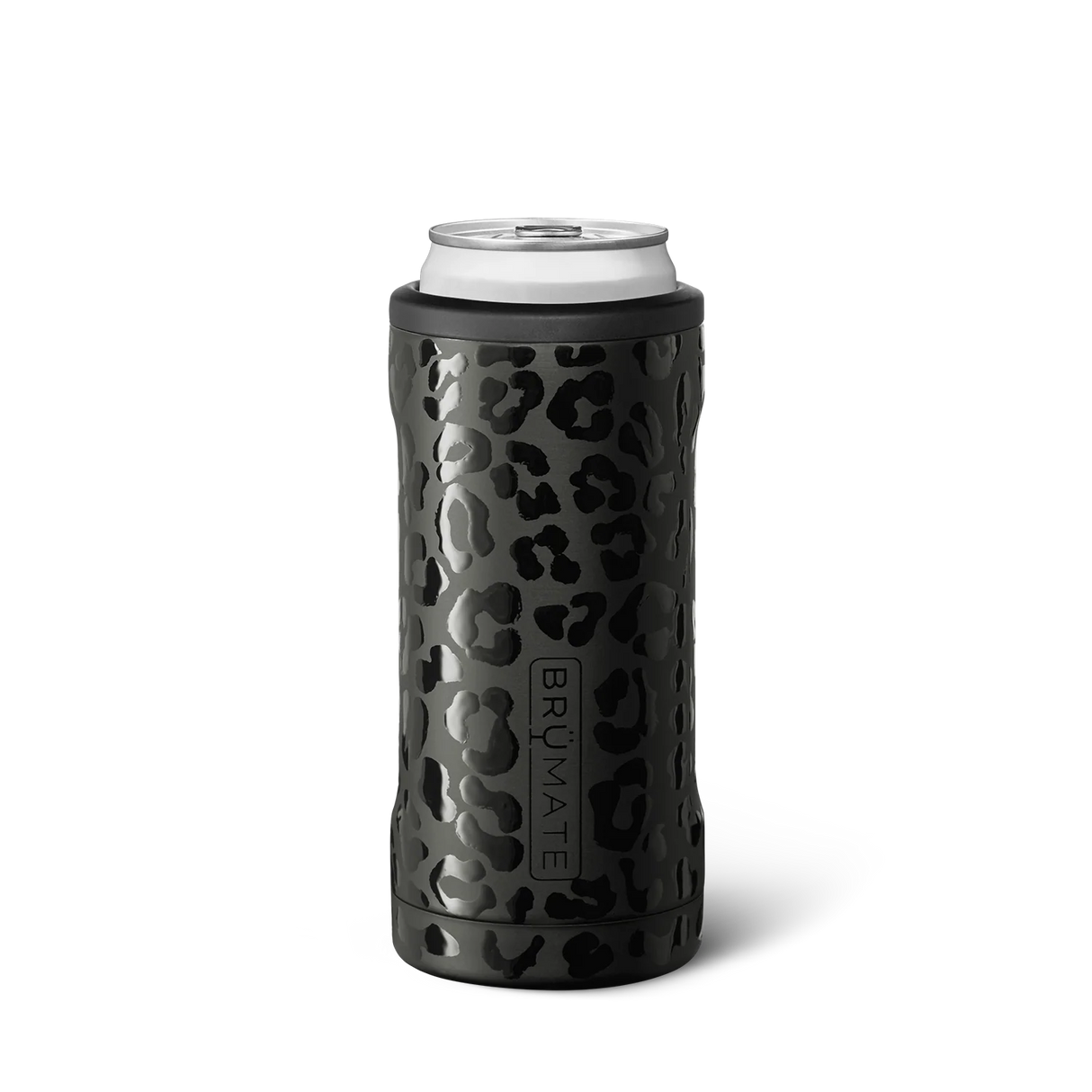 Black leopard print can cooler with white rim on a white background