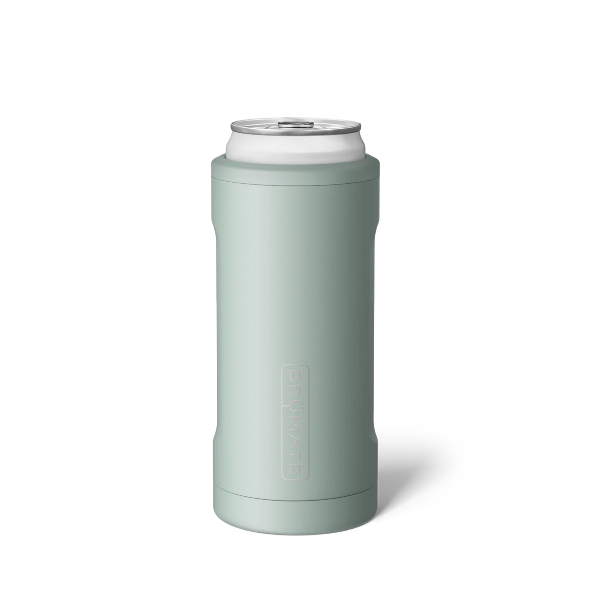 Mint green can cooler with white lid on a white background