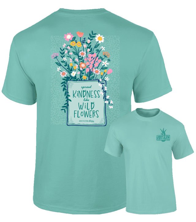 Mint green t-shirt with floral design and text on front and back
