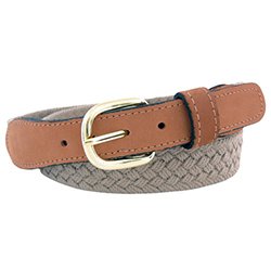 Woven belt with brown leather strap and gold buckle on a white background
