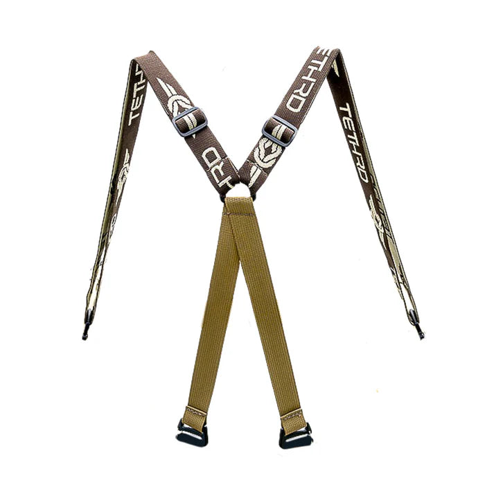 Tan suspenders with brown straps and brand logo on a white background