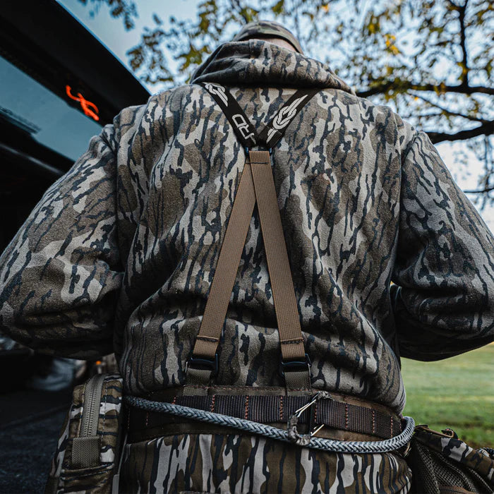 Person wearing a camouflage jacket with a backpack, standing next to a vehicle.