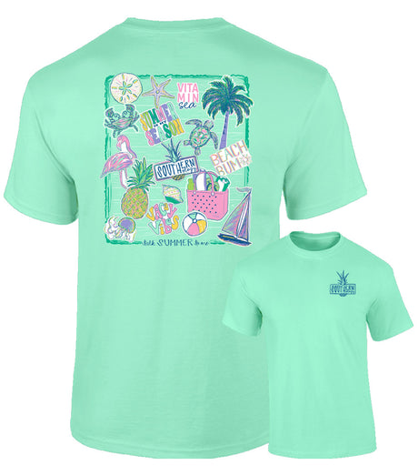 Mint green t-shirt with beach-themed graphics on a white background