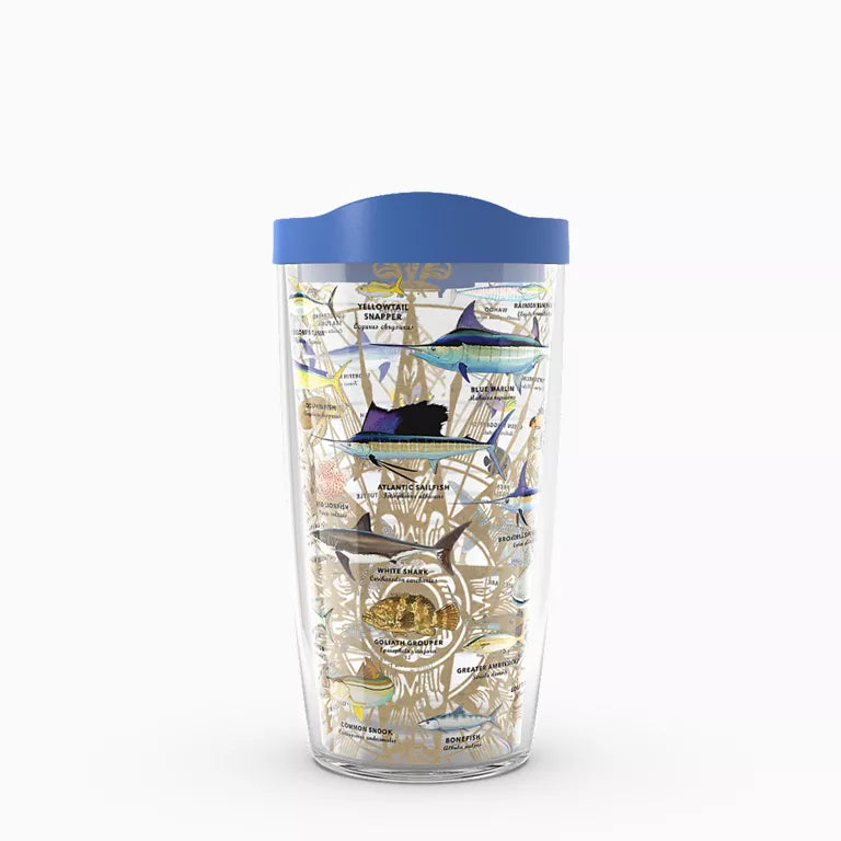 Clear tumbler with blue lid featuring illustrations of various sharks on a white background