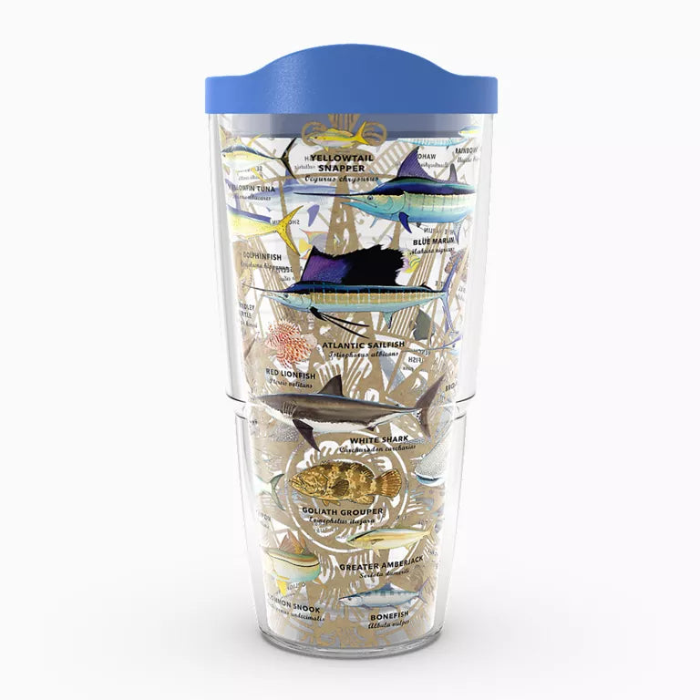 Tumbler with shark illustrations and blue lid on a white background