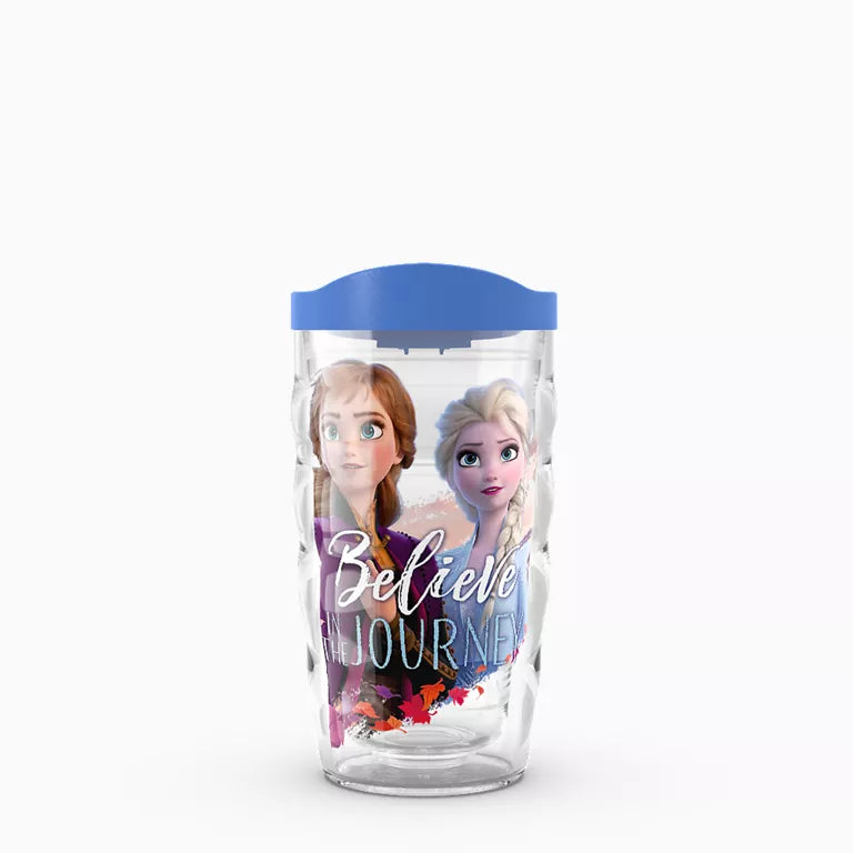 Tumbler with Disney characters and 'Believe in the Journey' text on a white background