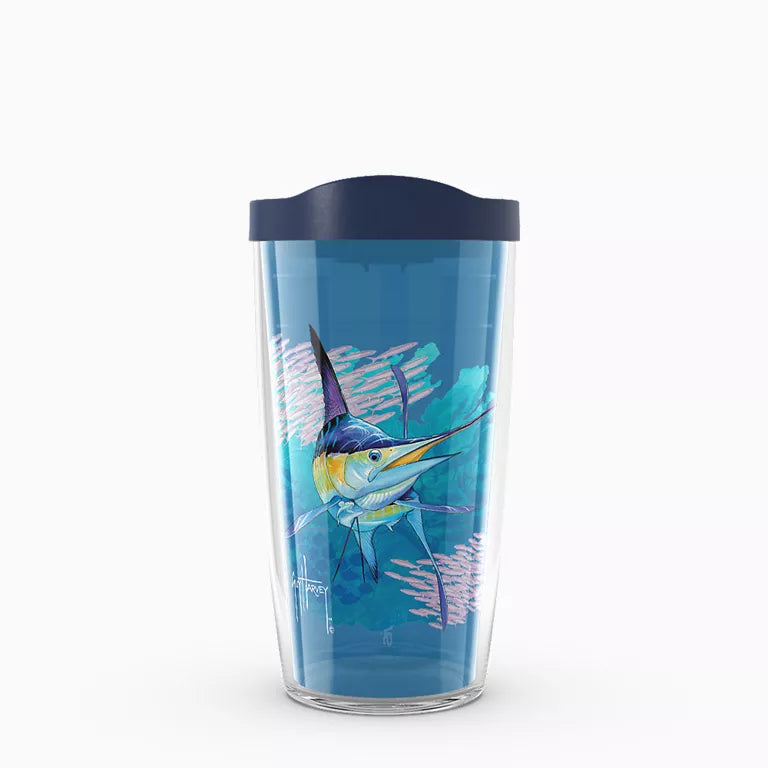 Tumbler with a marlin design on a white background