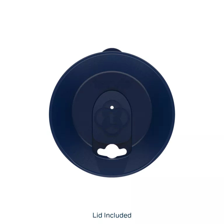 Navy blue lid with a white logo on a white background