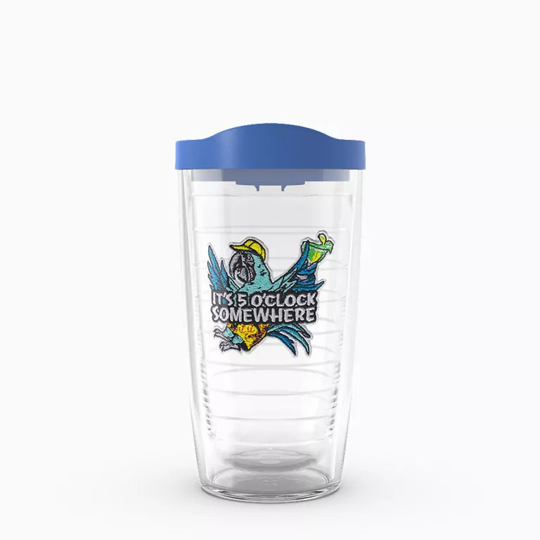 Clear tumbler with blue lid featuring a graphic design and text on a white background