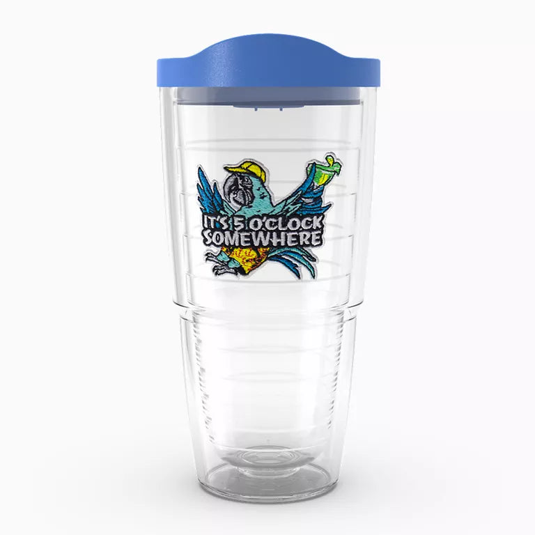 Clear tumbler with blue lid featuring a colorful design and text on a white background
